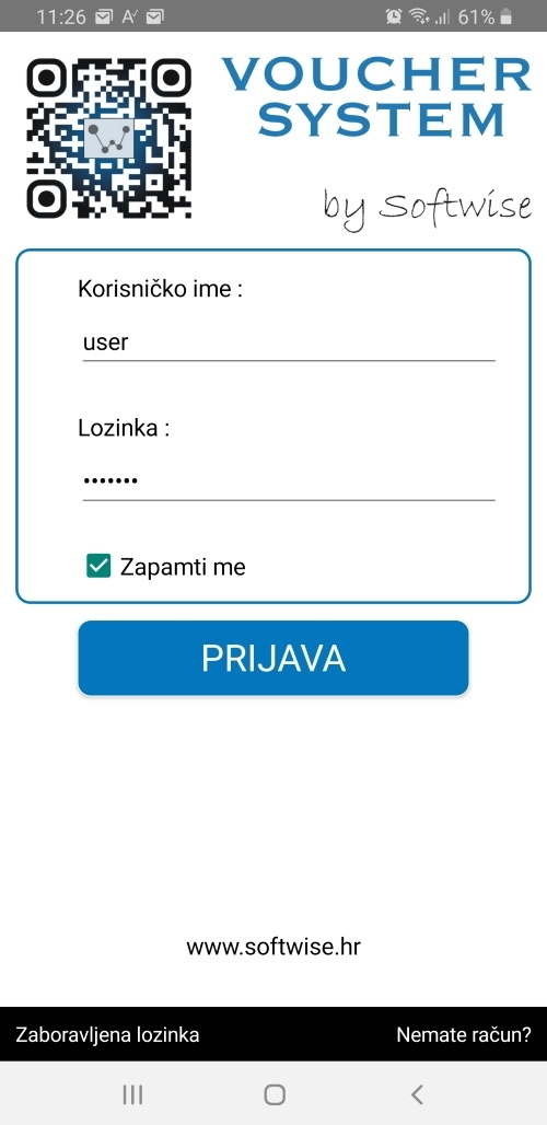 Prijava u mobilnu aplikaciju Voucher System za izradu, aktivaciju, slanje ili iskorištenje vaučera.