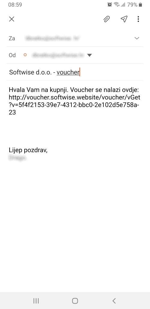 Pozdravna poruka i vaučer se šalju na email kupcu.