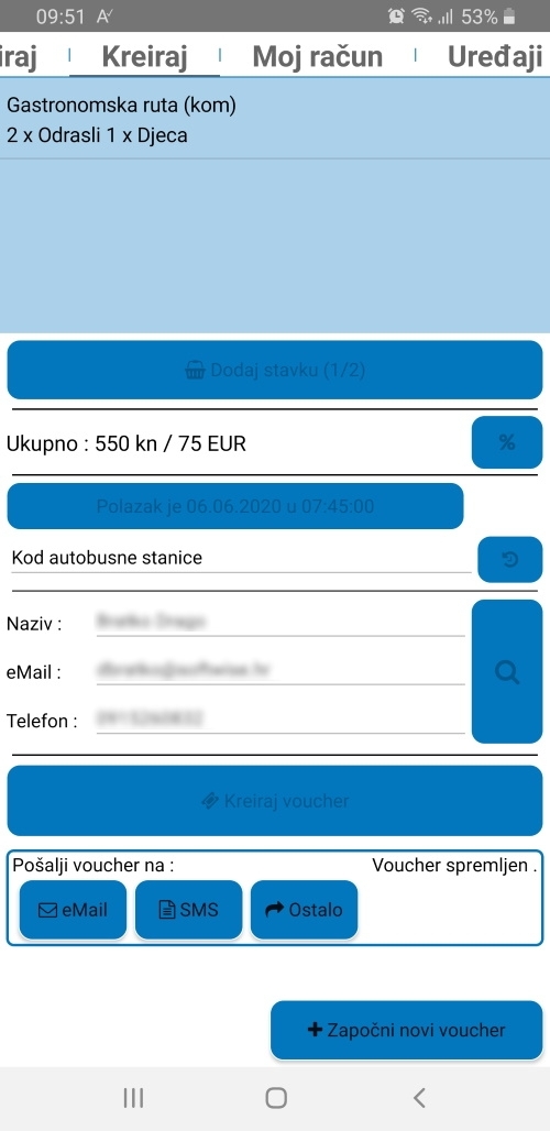 Kad je vaučer izrađen, šalje se kupcu na: email, sms, Viber, WhatsApp ...