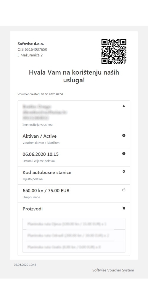 Izgled vaučera poslanog kroz aplikaciju Voucher System kroz neki od odabranih kanala komunikacije s kupcem.